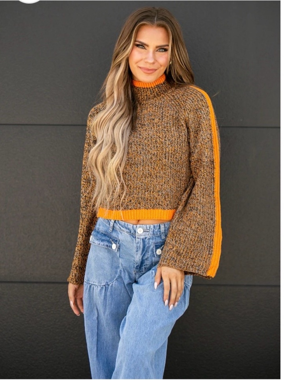 BiBi Sweater with Orange Trim Mock Neck